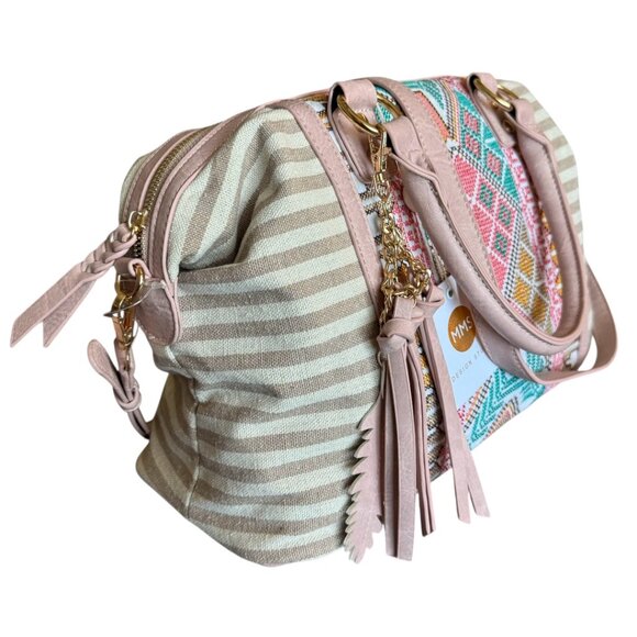 NWT MMS Design Studio Boho Aztec & Stripe Embroidered Canvas Purse Beige / Blush - Picture 3 of 8